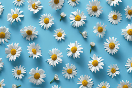 Chamomile flowers are spread evenly across a blue background, showing their vibrant white petals and yellow centers in a spring and summer-inspired display.の素材
