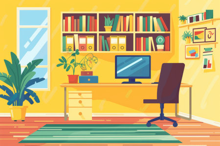 A bright home office space showcases furniture, a computer, and organized shelves, highlighting its potential for stylish renovation and improved functionality.の素材