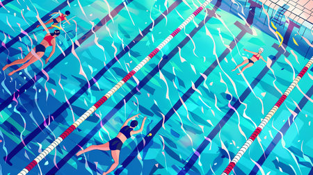 Swimmers engage in a dynamic competition at a well-maintained pool, showcasing speed and skill. Spectators can enjoy the intense atmosphere and athleticism.の素材