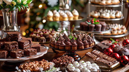 A beautifully arranged table features an array of chocolate desserts, creating a festive and joyful ambiance. Perfect for holiday celebrations and gatherings.の素材
