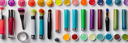 Colorful nail polishes, brushes, and manicure tools are meticulously organized on a light background, showing a vibrant selection for beauty enthusiasts.の素材