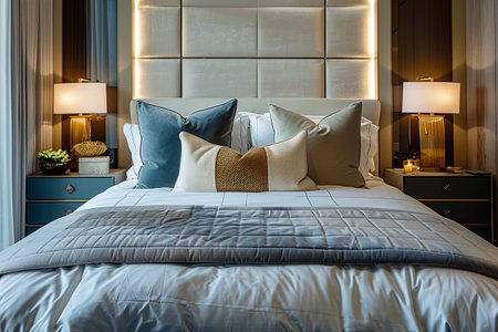 This modern bedroom showcases a neatly made bed with luxury bedding, warm lighting, and tasteful decor elements creating a cozy and inviting space.の素材