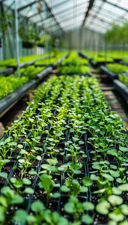 Microgreens are nurtured in a greenhouse under an efficient drip irrigation system, showcasing lush green plants and a clean farming setup.の素材