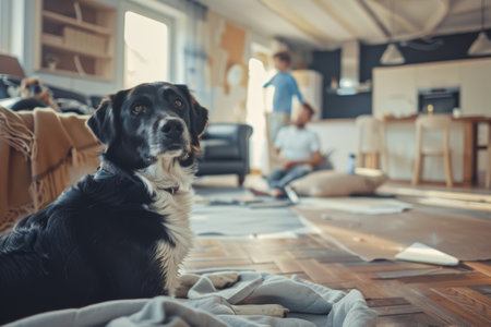 Family members join together in a home renovation project, with children playing and a dog relaxing, bringing warmth and joy to their space.の素材