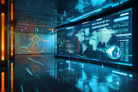 A futuristic setting features a digital holographic display illuminating scientific data and graphs, perfect for conferences and analytical environments.の素材