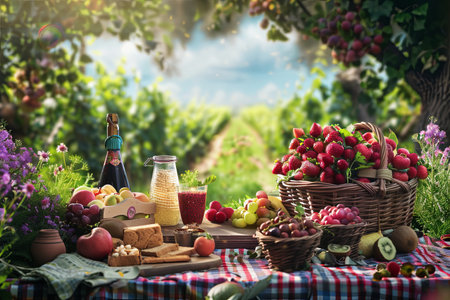 Enjoy a delightful outdoor picnic in a lush garden filled with vibrant fruits and delicious snacks, perfect for family gatherings and relaxation.の素材