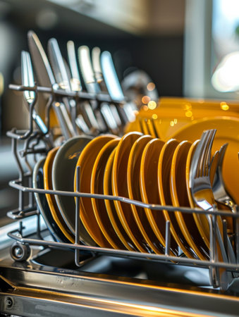 Dishes and cutlery sparkle clean in a well-organized dishwasher, highlighting the convenience of modern kitchen appliances for easy meal cleanup.の素材