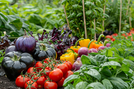 Vibrant organic garden with diverse fruits and veggies, grown without chemicals, promotes a healthy lifestyle and eco-friendly farming.の素材