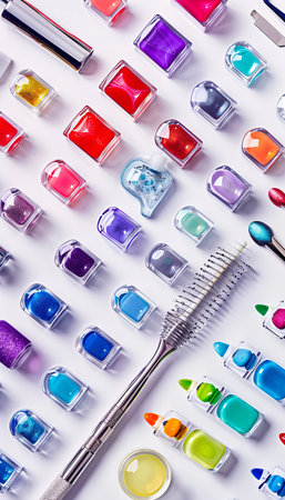 Various colorful nail polishes and manicure tools are neatly organized on a light background, showing a vibrant collection perfect for nail art enthusiasts.の素材