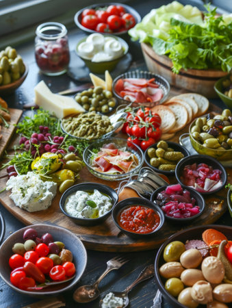 A vibrant assortment of snacks and serving dishes is prepared on a wooden tray, ideal for catering services and eateries that value presentation and taste.の素材