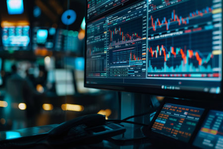 Focusing on a stock trading terminal displaying live market data, charts, and analytics, reflecting the dynamic environment of financial trading activities.の素材