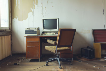 Old home office space displays a worn desk, vintage computer, and chair, highlighting the need for an interior renovation and modernization.の素材