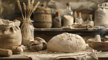 Discover the traditional process of bread making featuring flour sacks and dough, ideal for aspiring bakers and culinary enthusiasts eager to learn.の素材