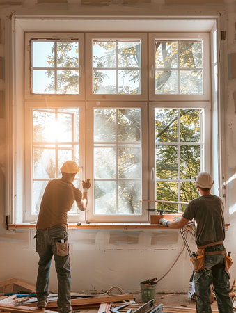 Two workers diligently install a new window frame in a well-lit room, showcasing the transition from old to new with sunlight filtering through the glass.の素材