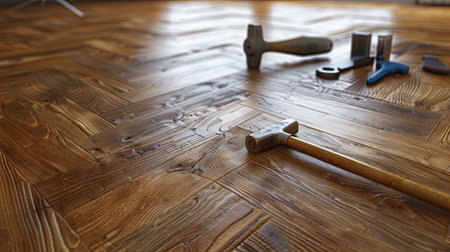 Parquet planks are partially laid on a wooden floor with tools nearby, showing the detailed craftsmanship and beauty of the hardwood installation process.の素材
