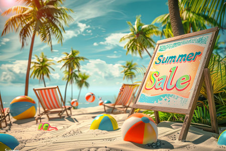 Sunny beach skies set the scene for a cheerful summer sale with palm trees, colorful loungers, and vibrant sale posters.の素材