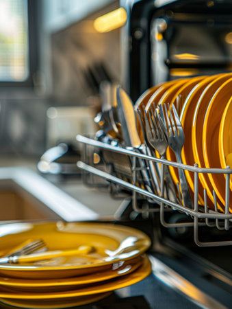 Dishes and cutlery are organized inside a washer, showcasing a tidy kitchen environment filled with natural light, perfect for a clean home appeal.の素材