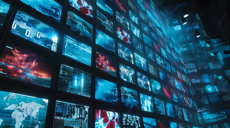 Multiple screens illuminate a dark room with streaming data, graphics, and visuals, engaging viewers with a dynamic array of information.の素材