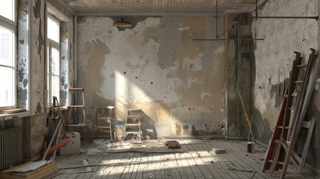 Walls stripped of wallpaper reveal exposed plaster while renovation tools lie scattered across the floor, hinting at an exciting transformation ahead.の素材
