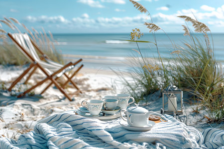 Relax on a soft blanket at the beach while savoring tea and treats, soaking in the sun and enjoying the calming sounds of the sea waves.の素材