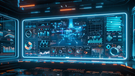 A futuristic digital holographic display features various scientific graphs and data visualizations, perfect for conferences and data centers in analytics.の素材