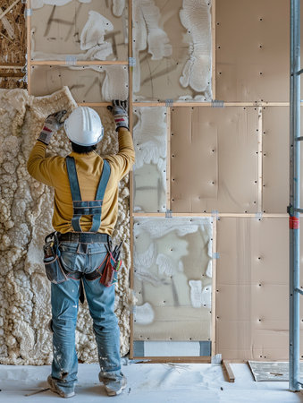 A worker meticulously applies insulation material to a wall, preparing for drywall installation to ensure energy efficiency and comfort in the home.の素材