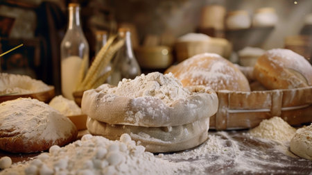 Engage in the rewarding process of bread making featuring flour sacks and prepared dough in a warm, inviting kitchen atmosphere focused on teaching.の素材