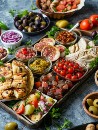 A beautifully arranged tray showcases a variety of snacks and serving dishes, ideal for catering, cafes, and restaurants, attracting food lovers.の素材