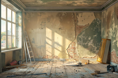 Freshly removed wallpaper exposes plaster in a room undergoing renovation, with tools and materials scattered, hinting at exciting changes ahead.の素材