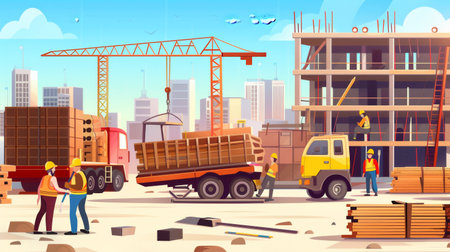 Workers are actively engaged in various tasks at a construction site, with trucks unloading materials and cranes positioned to assist in building.の素材