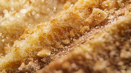 Detailed close-up view of freshly baked bread highlighting its crispy texture and enticing crumbs, ideal for showcasing bakery products and promotions.の素材