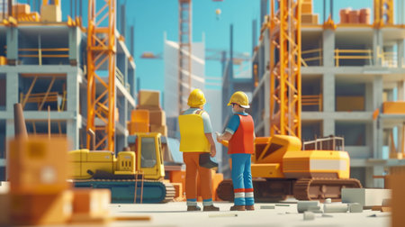Workers collaborate and review plans in a vibrant construction zone, where cranes tower above and building materials are plentiful across the site.の素材