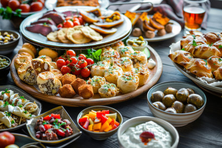 Enjoy a vibrant display of diverse snacks and appetizers on a stylish tray, perfect for catering events, cafes, and gatherings at any time of day.の素材