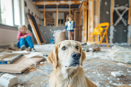 Children and a dog enjoy a family renovation, surrounded by tools and materials as they transform their living space into a cozy home.の素材