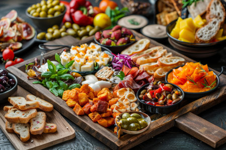 An inviting tray filled with a variety of selectable snacks including cheeses, fruits, and breads, creating an ideal spread for dining or events.の素材