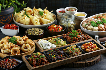 A beautifully arranged tray features a variety of tasty snacks perfect for catering or cafの素材