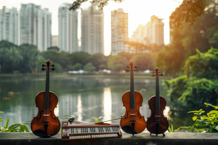 A serene urban lake reflects stunning skyscrapers as violins and a harmonium rest on a ledge, ready for a music festival at sunset in the city.の素材