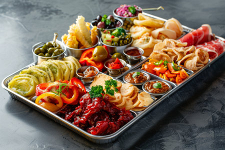 A vibrant tray showcases an enticing variety of snacks and appetizers perfect for catering events, cafes, and restaurants, appealing to all tastes.の素材
