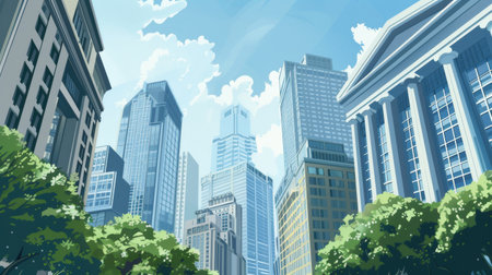 A bustling financial district showcases towering bank buildings and institutions surrounded by greenery and a vibrant atmosphere on a sunny day.の素材