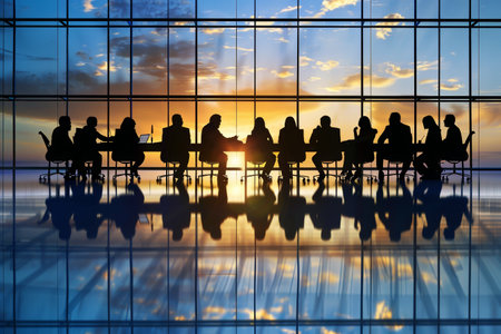 Business professionals engage in strategic discussions around a table as sunset casts shadows in a contemporary conference setting.の素材