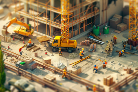 Construction workers are actively engaged in tasks while a yellow truck delivers materials at a site filled with scaffolding and heavy machinery.の素材