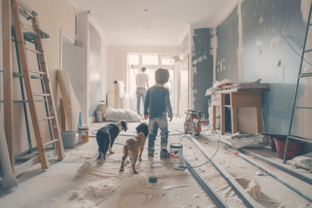 A family renovation unfolds as children and pets explore their home, surrounded by renovation tools and materials, creating a lively atmosphere of change.の素材