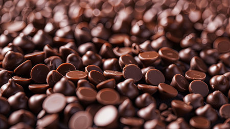 A large quantity of chocolate drops lies on a surface, showing their rich, dark color. Perfect for bakers and chocolatiers, ready for crafting sweet treats.の素材