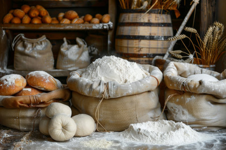Experience the detailed process of bread making, showcasing flour sacks, freshly kneaded dough, and the warm ambiance of a traditional bakery workshop.の素材