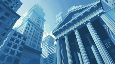 Dynamic skyline showcases towering bank buildings amid clear skies, emphasizing the importance of financial services and institutions in urban life.の素材