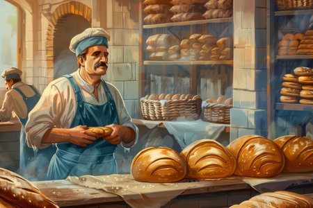 Skilled bakers prepare and shape loaves of fresh bread in a vibrant bakery, filled with the warm glow of ovens and the aroma of baked goods.の素材