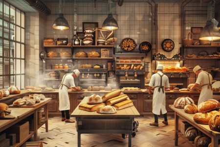 Skilled bakers create various types of bread in a busy bakery. The atmosphere is warm and inviting, with freshly baked goods filling the space.の素材