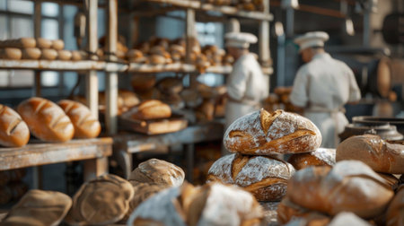 Bakers skillfully prepare fresh bread in a bustling bakery, surrounded by trays of loaves and a warm, inviting atmosphere filled with culinary delights.の素材