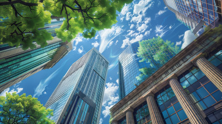 Tall bank buildings rise against a bright blue sky filled with puffy clouds, surrounded by lush green trees in an urban financial district.の素材