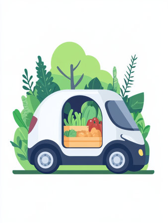 Modern delivery car navigates through a lush eco-friendly urban setting, showcasing vibrant produce and promoting sustainable shopping solutions.の素材